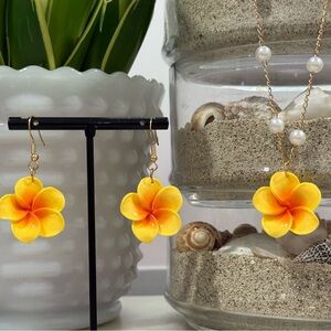 Golden Yellow Hawaiian Plumeria Earrings + Necklace Sets - Beach Vacation Ready